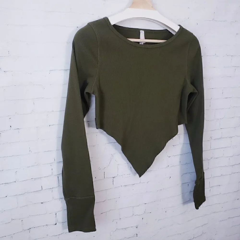 Free People Movement Long Sleeve Ribbed Knit Knot Front Cropped Top Size L Green